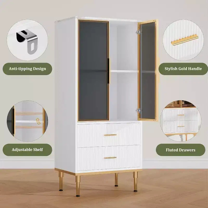 Armario de almacenamiento estriado moderno con puerta de cristal y 2 cajones, estantes ajustables, detalles dorados, construcción de MDF para cocina, sala de estar, oficina