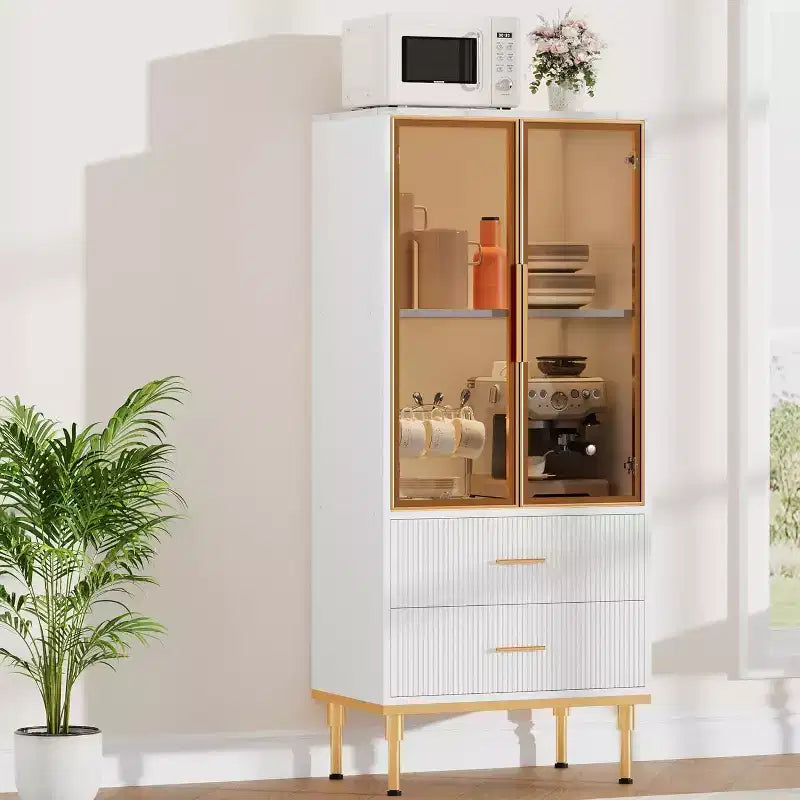Armario de almacenamiento estriado moderno con puerta de cristal y 2 cajones, estantes ajustables, detalles dorados, construcción de MDF para cocina, sala de estar, oficina