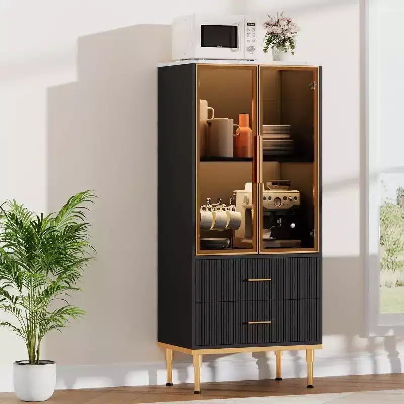 Armario de almacenamiento estriado moderno con puerta de cristal y 2 cajones, estantes ajustables, detalles dorados, construcción de MDF para cocina, sala de estar, oficina