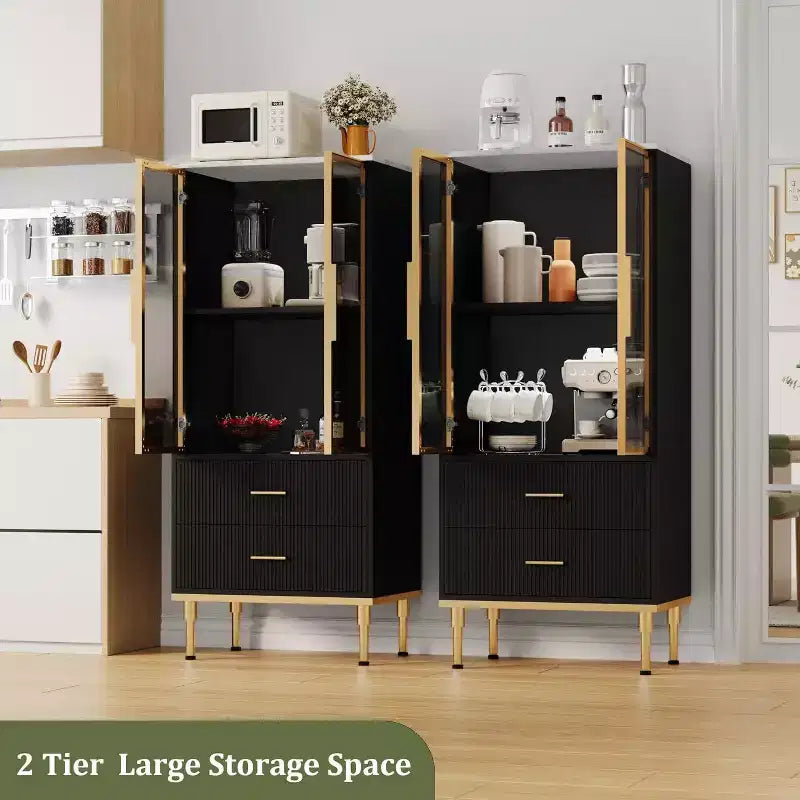 Armario de almacenamiento estriado moderno con puerta de cristal y 2 cajones, estantes ajustables, detalles dorados, construcción de MDF para cocina, sala de estar, oficina