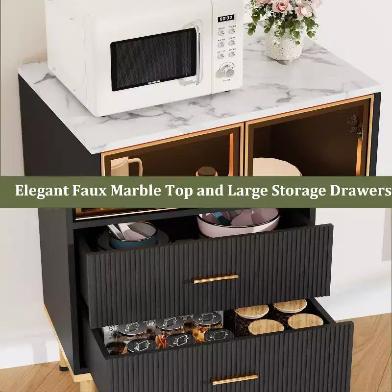 Armario de almacenamiento estriado moderno con puerta de cristal y 2 cajones, estantes ajustables, detalles dorados, construcción de MDF para cocina, sala de estar, oficina