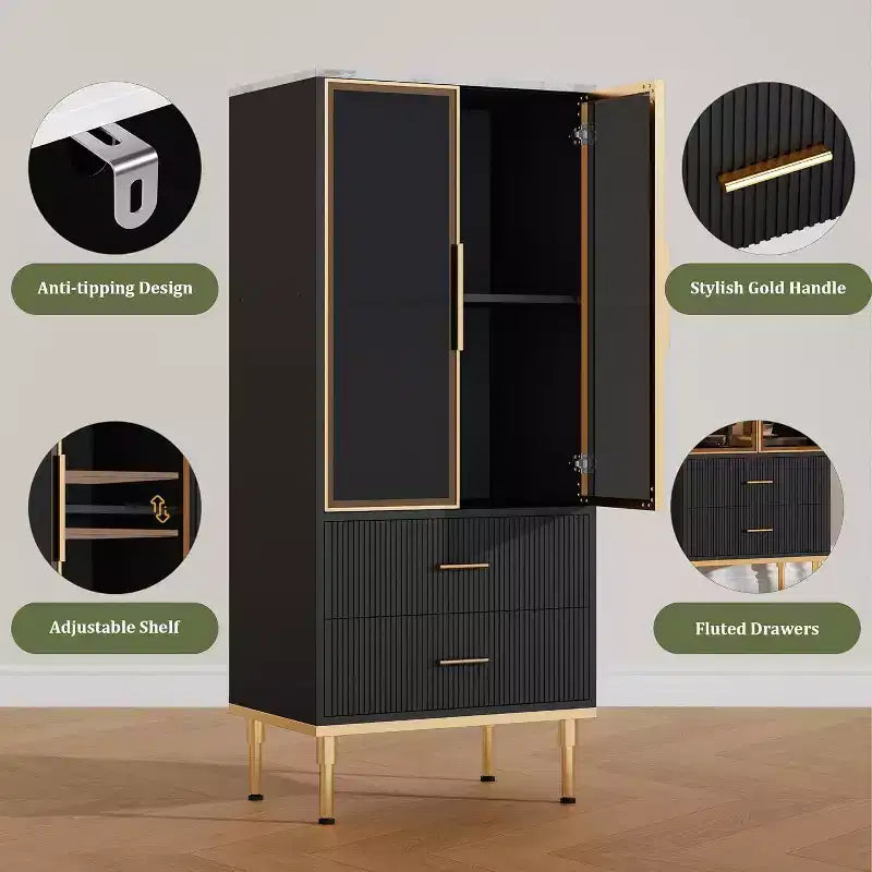 Armario de almacenamiento estriado moderno con puerta de cristal y 2 cajones, estantes ajustables, detalles dorados, construcción de MDF para cocina, sala de estar, oficina