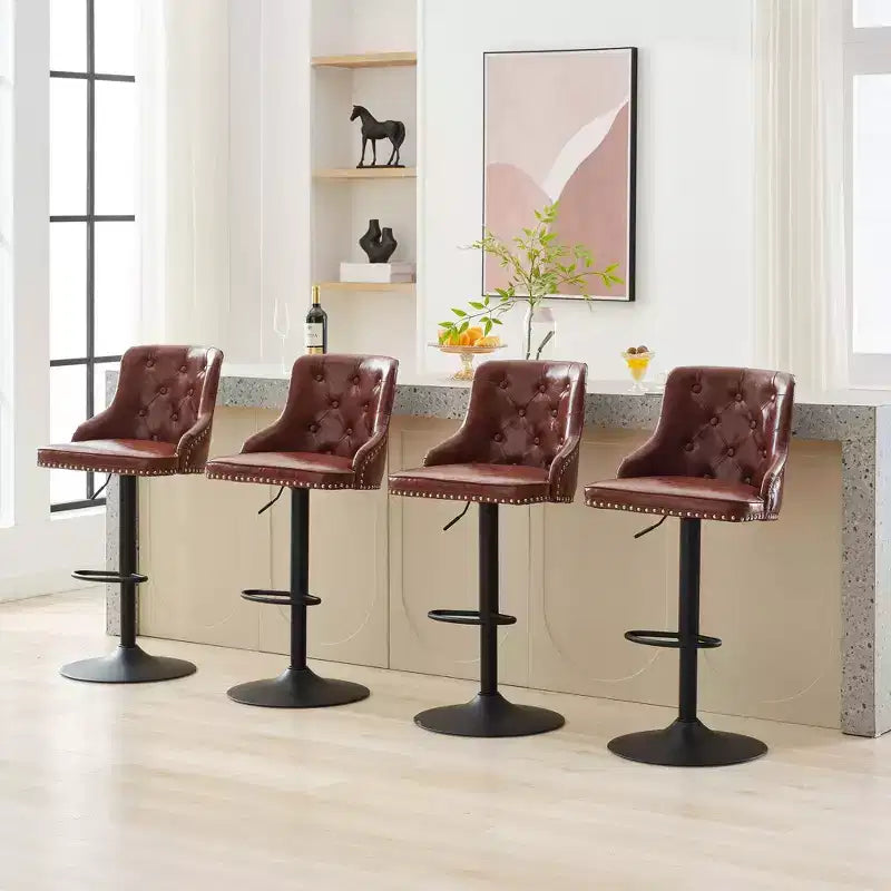 Juego de 4 taburetes de bar, taburetes giratorios ajustables, sillas de bar de piel sintética, altura de mostrador tapizados con respaldo alto