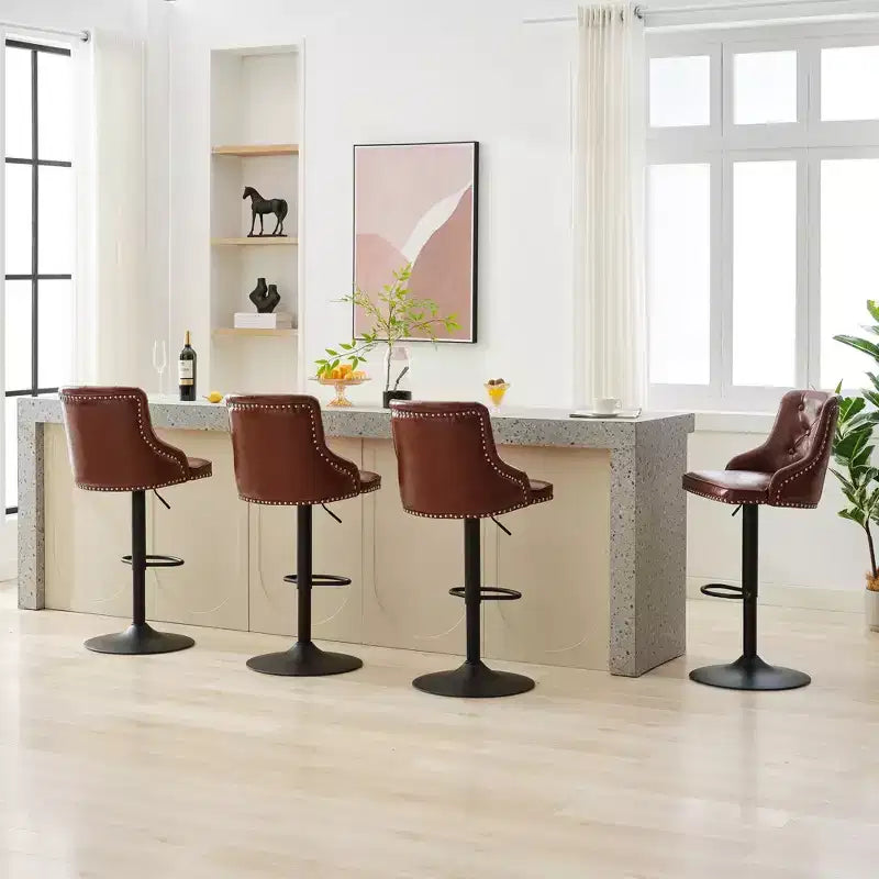 Juego de 4 taburetes de bar, taburetes giratorios ajustables, sillas de bar de piel sintética, altura de mostrador tapizados con respaldo alto