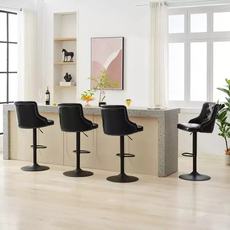 Juego de 4 taburetes de bar, taburetes giratorios ajustables, sillas de bar de piel sintética, altura de mostrador tapizados con respaldo alto