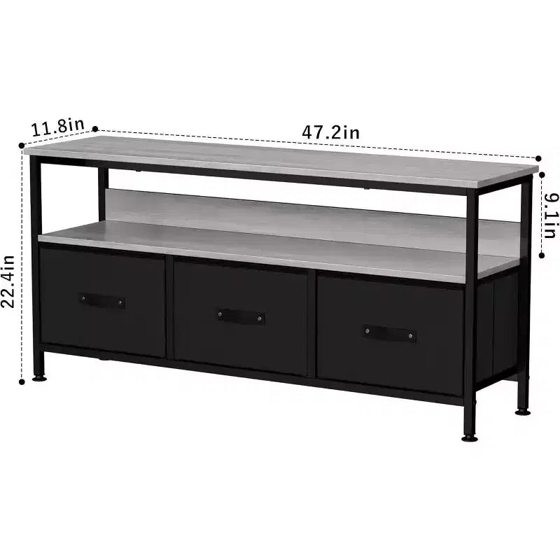 Mueble de TV negro de 55 pulgadas con cajones grises, centro de entretenimiento estilo cómoda para almacenamiento en sala de estar y dormitorio