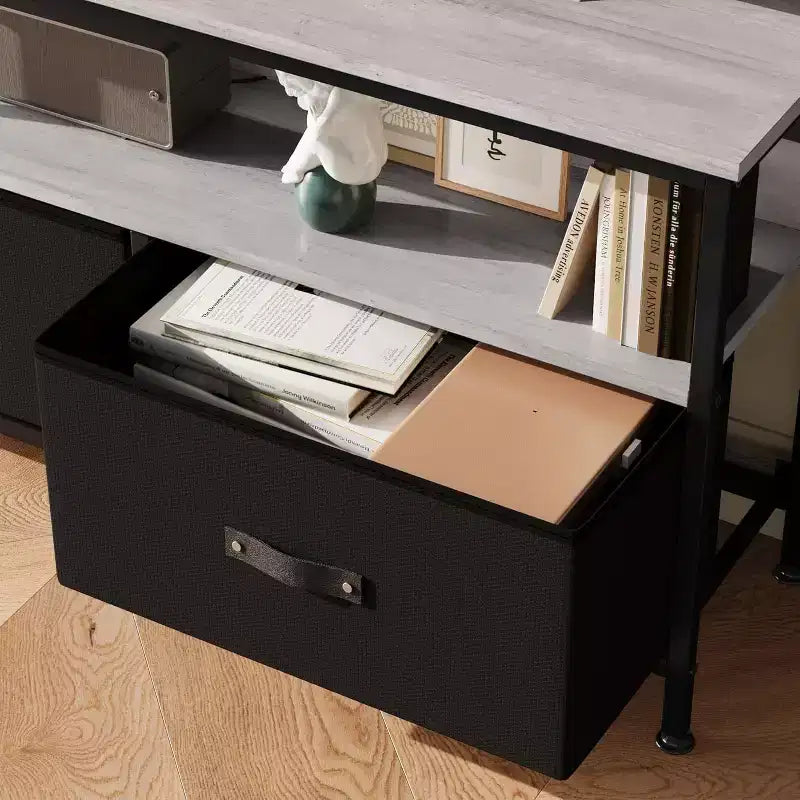Mueble de TV negro de 55 pulgadas con cajones grises, centro de entretenimiento estilo cómoda para almacenamiento en sala de estar y dormitorio