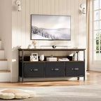 Mueble de TV negro de 55 pulgadas con cajones grises, centro de entretenimiento estilo cómoda para almacenamiento en sala de estar y dormitorio