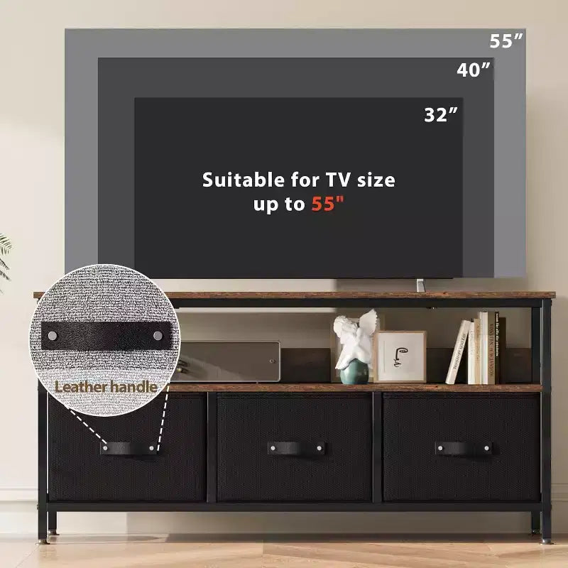 Mueble de TV negro de 55 pulgadas con cajones grises, centro de entretenimiento estilo cómoda para almacenamiento en sala de estar y dormitorio