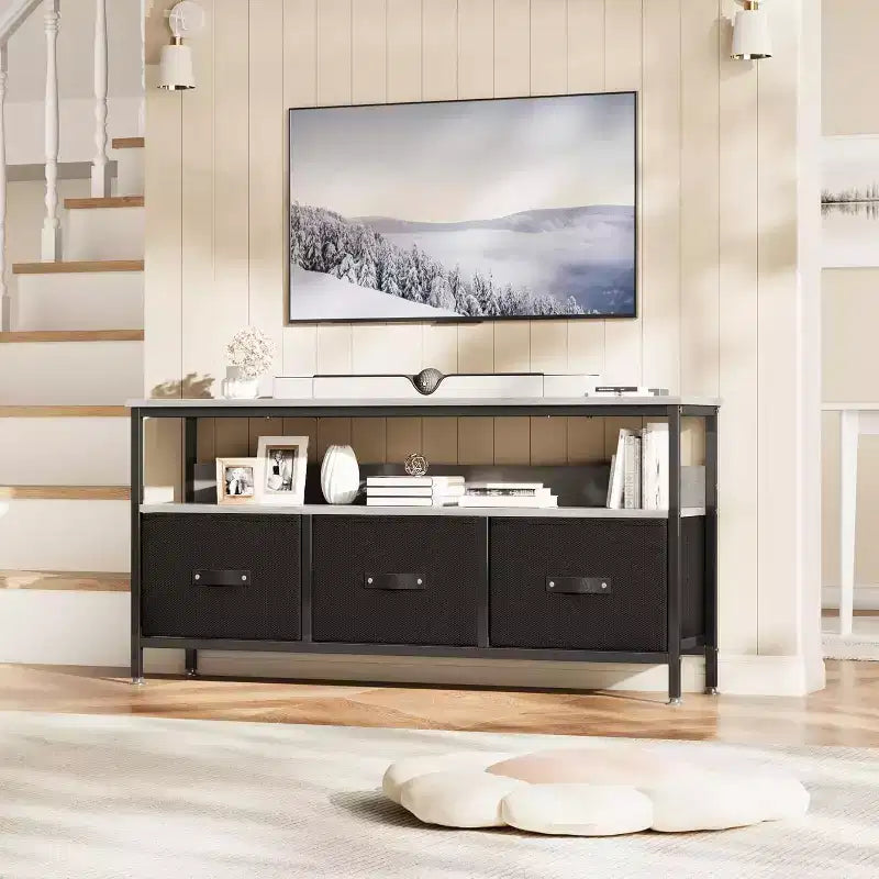 Mueble de TV negro de 55 pulgadas con cajones grises, centro de entretenimiento estilo cómoda para almacenamiento en sala de estar y dormitorio