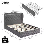 Acekool Base de Cama Tapizada en Terciopelo con 4 Cajones de Almacenamiento y Estación de Carga, Diseño con Botones Tapizados en Forma de Diamante
