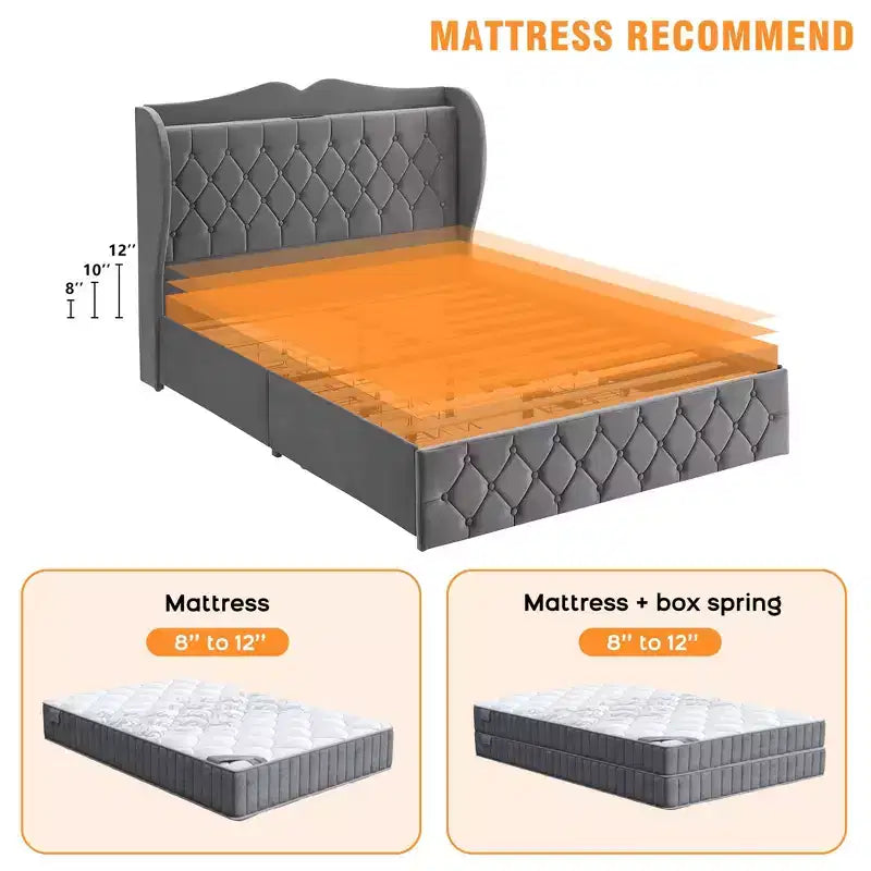 Acekool Base de Cama Tapizada en Terciopelo con 4 Cajones de Almacenamiento y Estación de Carga, Diseño con Botones Tapizados en Forma de Diamante