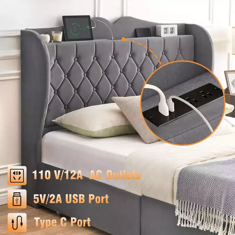 Acekool Base de Cama Tapizada en Terciopelo con 4 Cajones de Almacenamiento y Estación de Carga, Diseño con Botones Tapizados en Forma de Diamante