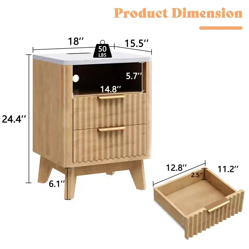 Mesa de noche estriada AMERLIFE con estación de carga y cubierta de mármol sintético