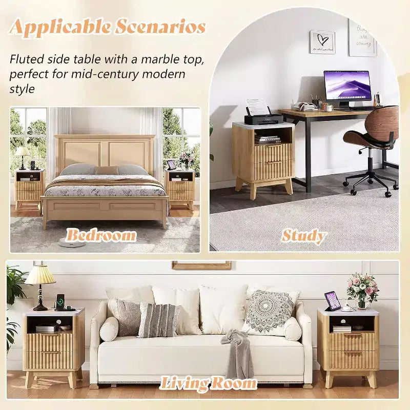 Mesa de noche estriada AMERLIFE con estación de carga y cubierta de mármol sintético