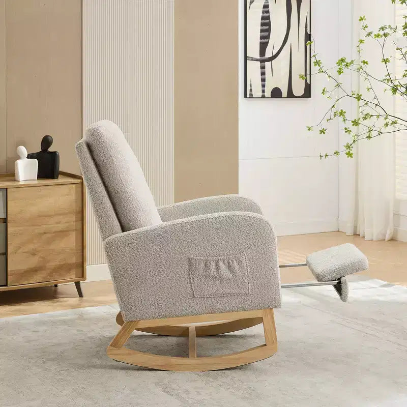 Okak Silla mecedora decorativa, silla de sala de estar con respaldo alto, sillón planeador con bolsillo lateral y reposapiés retráctil para dormitorio o guardería