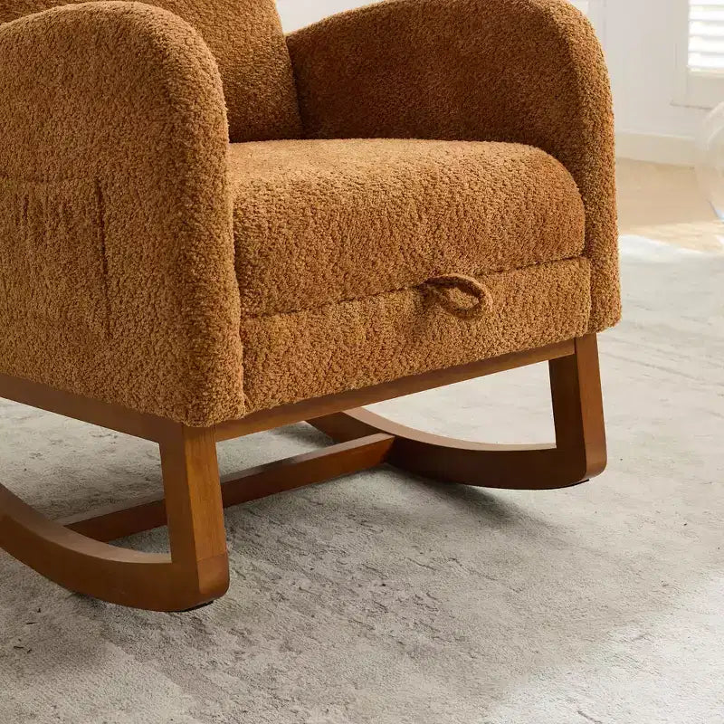 Okak Silla mecedora decorativa, silla de sala de estar con respaldo alto, sillón planeador con bolsillo lateral y reposapiés retráctil para dormitorio o guardería