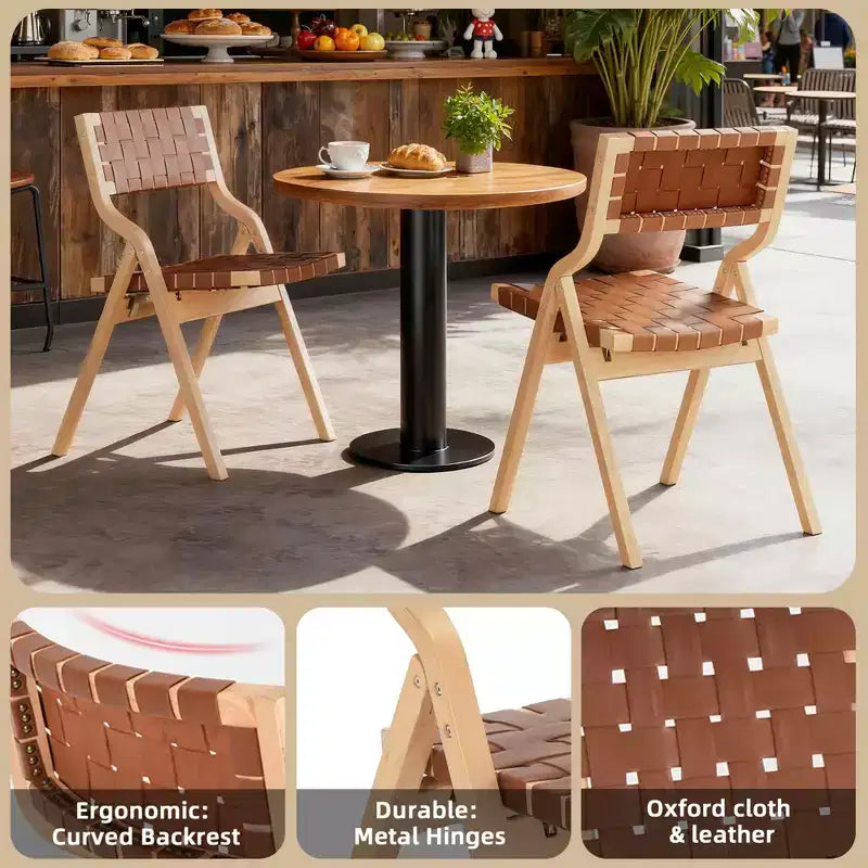 MAYEERTY Sillas de Comedor Apilables y Plegables de Madera, Juego de 2, para Comedor, Asiento y Respaldo Tejidos, Beige - Natural