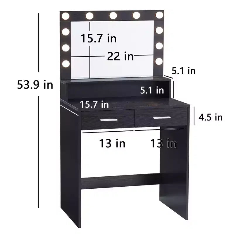 Tocador Okak de 2 niveles con luces táctiles, 3 niveles de brillo, cajón grande y mesa de maquillaje compacta para dormitorios pequeños