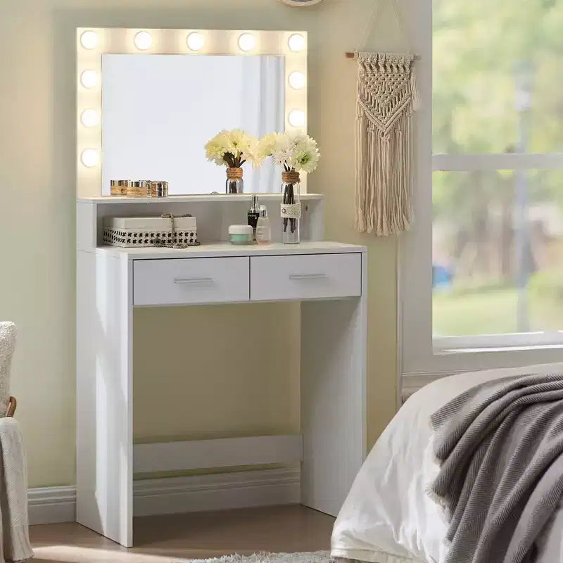 Tocador Okak de 2 niveles con luces táctiles, 3 niveles de brillo, cajón grande y mesa de maquillaje compacta para dormitorios pequeños