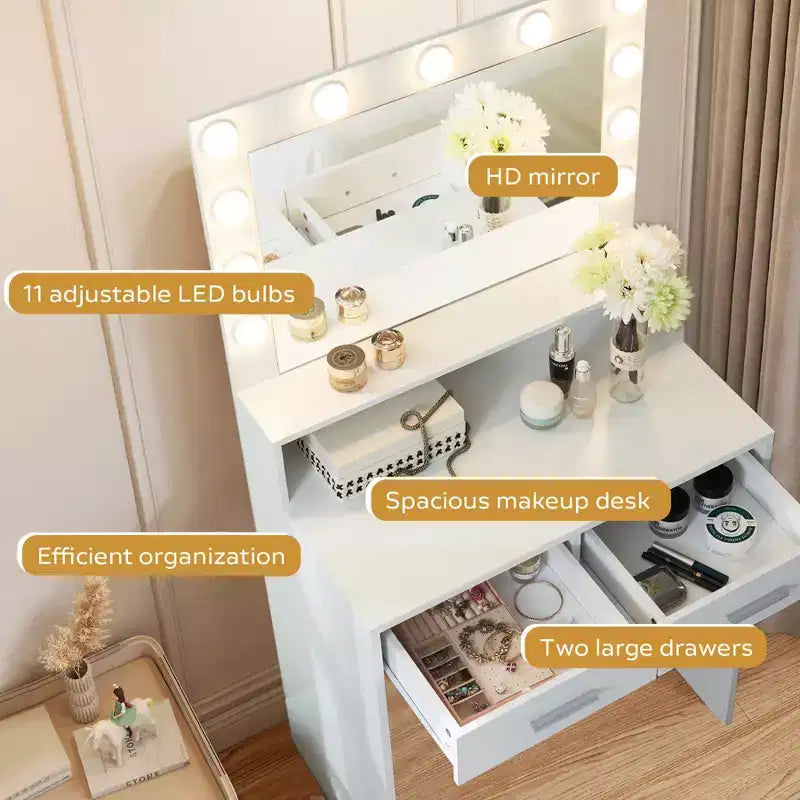 Tocador Okak de 2 niveles con luces táctiles, 3 niveles de brillo, cajón grande y mesa de maquillaje compacta para dormitorios pequeños