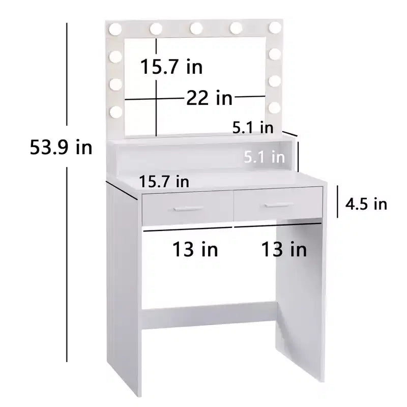 Tocador Okak de 2 niveles con luces táctiles, 3 niveles de brillo, cajón grande y mesa de maquillaje compacta para dormitorios pequeños