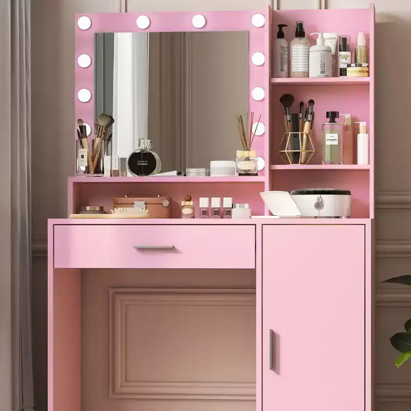 Tocador Okak de 2 niveles con luces táctiles, 3 niveles de brillo, cajón grande y mesa de maquillaje compacta para dormitorios pequeños