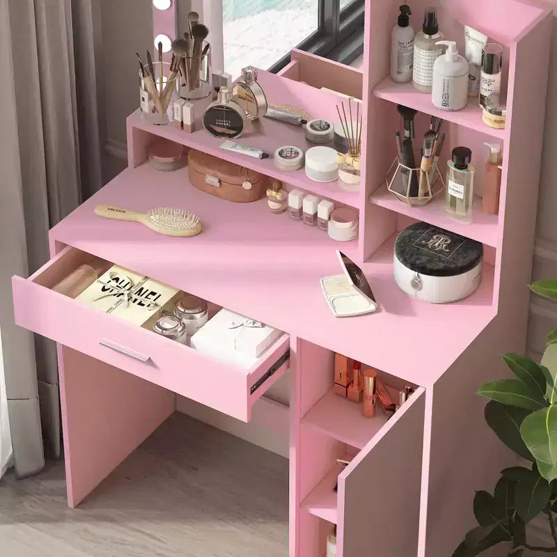Tocador Okak de 2 niveles con luces táctiles, 3 niveles de brillo, cajón grande y mesa de maquillaje compacta para dormitorios pequeños