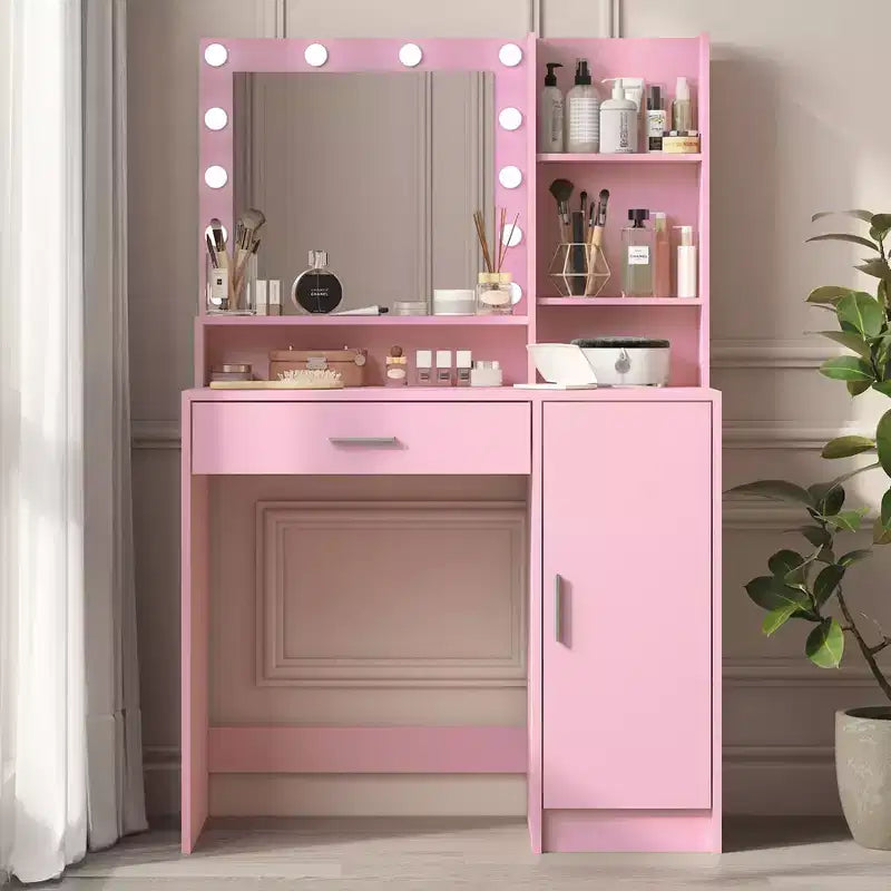 Tocador Okak de 2 niveles con luces táctiles, 3 niveles de brillo, cajón grande y mesa de maquillaje compacta para dormitorios pequeños
