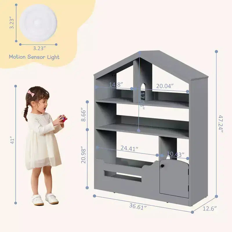Estantería para niños, organizador de almacenamiento de juguetes, librería de madera para niños con luz con sensor de movimiento, librería tipo casa de muñecas para sala de juegos, dormitorio, guardería, aula