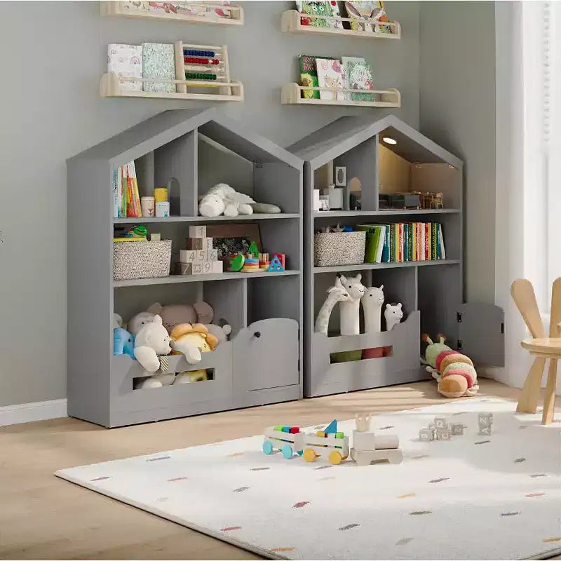 Estantería para niños, organizador de almacenamiento de juguetes, librería de madera para niños con luz con sensor de movimiento, librería tipo casa de muñecas para sala de juegos, dormitorio, guardería, aula
