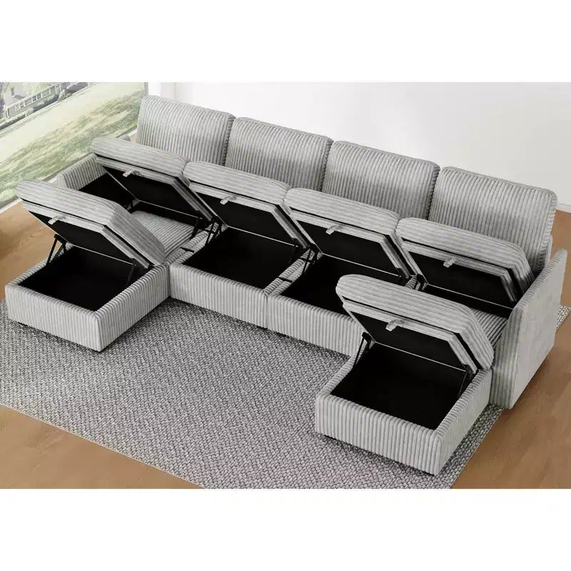 Sofá seccional de pana Belffin en forma de U y 6 plazas - Sofá modular con puf de almacenaje y diseño convertible
