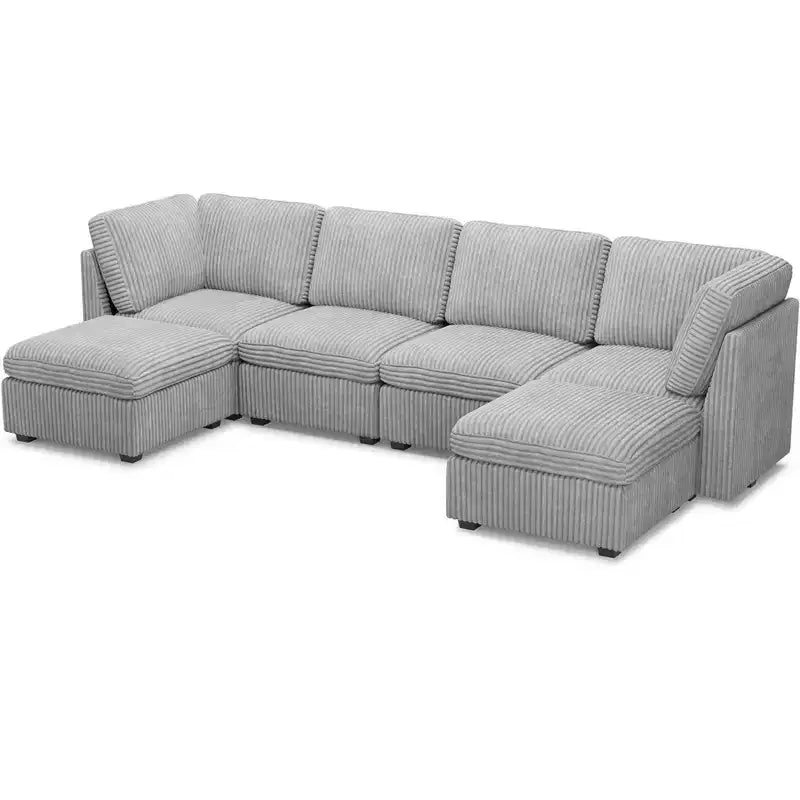 Sofá seccional de pana Belffin en forma de U y 6 plazas - Sofá modular con puf de almacenaje y diseño convertible