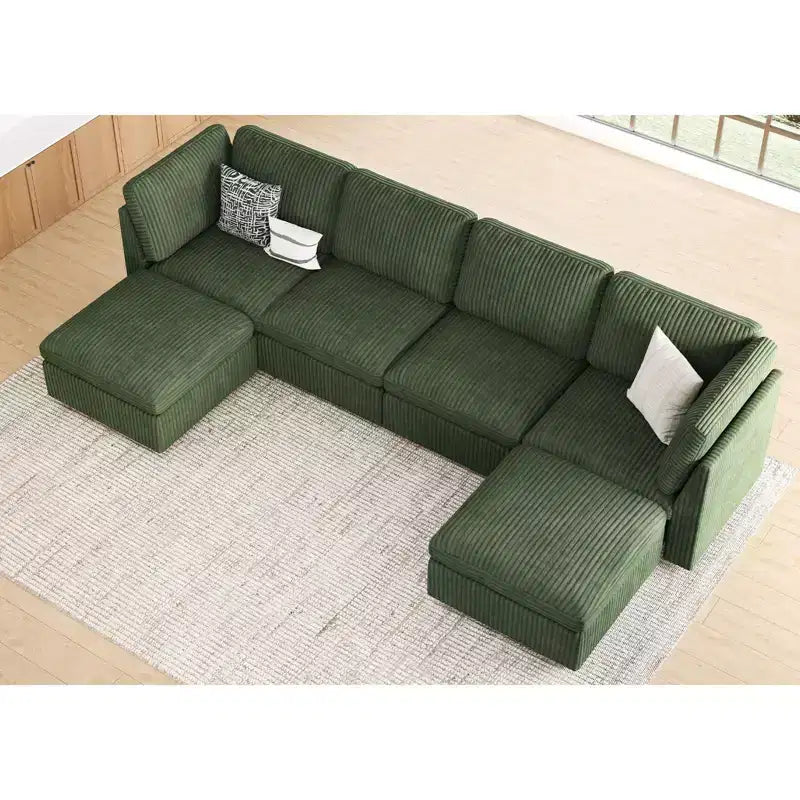 Sofá seccional de pana Belffin en forma de U y 6 plazas - Sofá modular con puf de almacenaje y diseño convertible