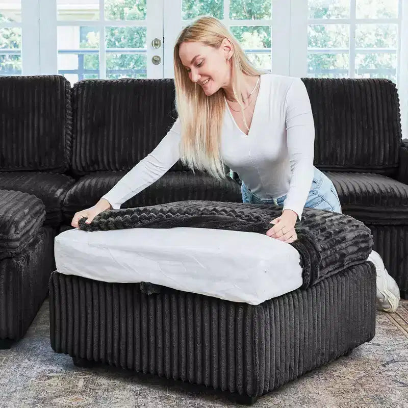 Sofá seccional de pana Belffin en forma de U y 6 plazas - Sofá modular con puf de almacenaje y diseño convertible