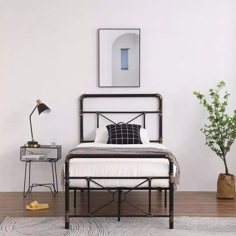 Karl Home Base de cama de hierro moderna tamaño twin con diseño de tubería de agua y diseño de cruz
