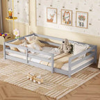Cama Okak con Marco Individual/Matrimonial, Cama Moderna de Perfil Bajo para Niños Pequeños con Barandales de Seguridad, Marco de Madera Maciza para Dormitorio Infantil