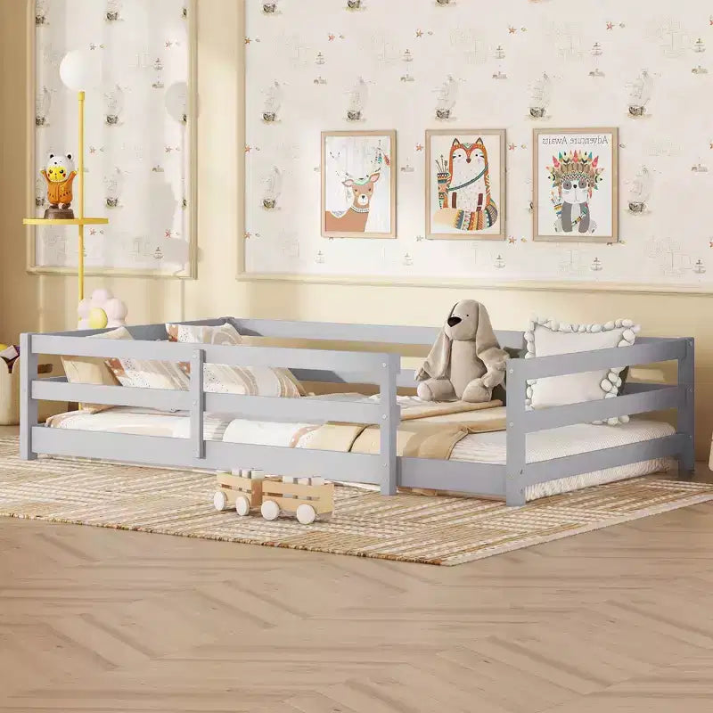 Cama Okak con Marco Individual/Matrimonial, Cama Moderna de Perfil Bajo para Niños Pequeños con Barandales de Seguridad, Marco de Madera Maciza para Dormitorio Infantil