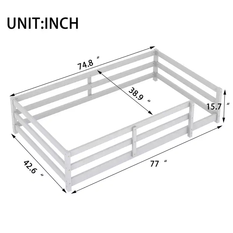 Cama Okak con Marco Individual/Matrimonial, Cama Moderna de Perfil Bajo para Niños Pequeños con Barandales de Seguridad, Marco de Madera Maciza para Dormitorio Infantil