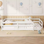 Cama Okak con Marco Individual/Matrimonial, Cama Moderna de Perfil Bajo para Niños Pequeños con Barandales de Seguridad, Marco de Madera Maciza para Dormitorio Infantil