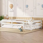 Cama Okak con Marco Individual/Matrimonial, Cama Moderna de Perfil Bajo para Niños Pequeños con Barandales de Seguridad, Marco de Madera Maciza para Dormitorio Infantil