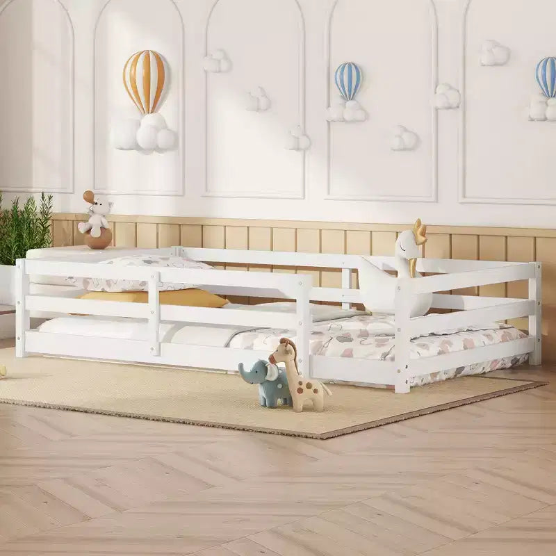 Cama Okak con Marco Individual/Matrimonial, Cama Moderna de Perfil Bajo para Niños Pequeños con Barandales de Seguridad, Marco de Madera Maciza para Dormitorio Infantil