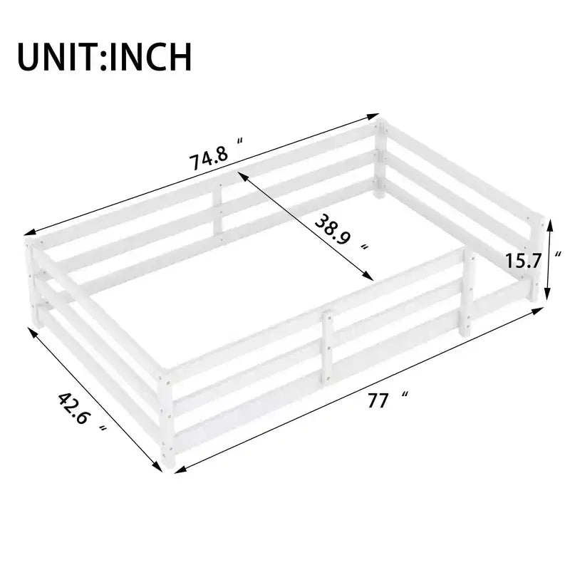 Cama Okak con Marco Individual/Matrimonial, Cama Moderna de Perfil Bajo para Niños Pequeños con Barandales de Seguridad, Marco de Madera Maciza para Dormitorio Infantil