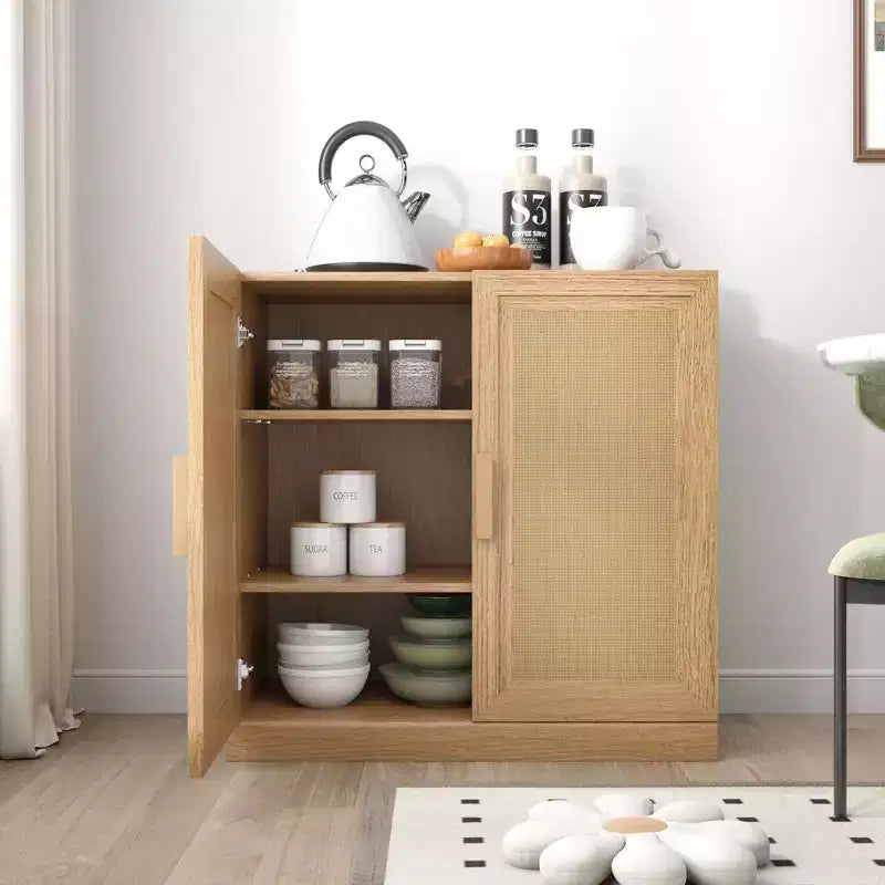 Armario aparador con vetas de madera de 31x31x16, organizador de almacenamiento con estantes ajustables y puertas de ratán para cocina, dormitorio, sala de estar/comedor