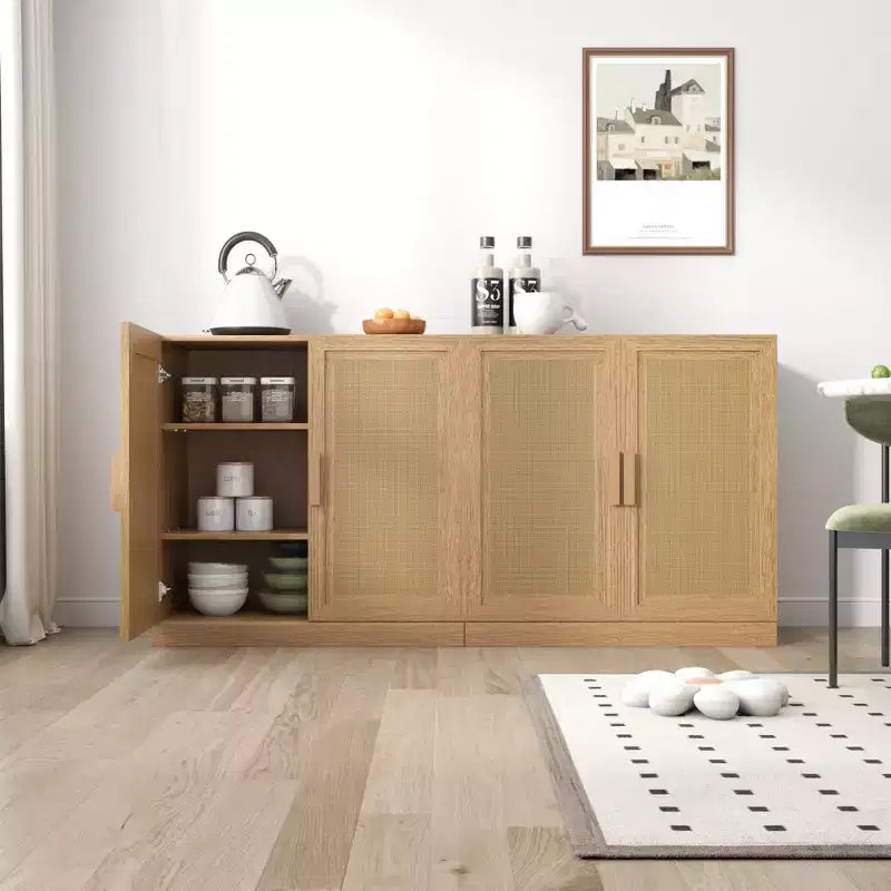 Armario aparador con vetas de madera de 31x31x16, organizador de almacenamiento con estantes ajustables y puertas de ratán para cocina, dormitorio, sala de estar/comedor