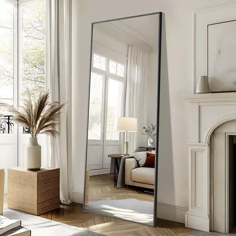 Espejo rectangular de cuerpo entero, espejo de suelo de 71x31 con soporte, espejo de cuerpo entero con marco de metal de aleación de aluminio negro para dormitorio, sala de estar, negro