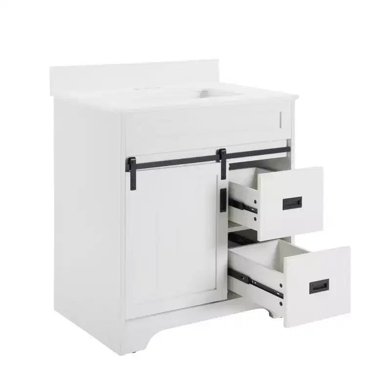 Bestier 30 Tocador de baño blanco estilo rústico con puertas correderas de granero, 2 cajones, tocador independiente con protección contra salpicaduras