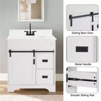 Bestier 30 Tocador de baño blanco estilo rústico con puertas correderas de granero, 2 cajones, tocador independiente con protección contra salpicaduras