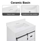 Bestier 30 Tocador de baño blanco estilo rústico con puertas correderas de granero, 2 cajones, tocador independiente con protección contra salpicaduras