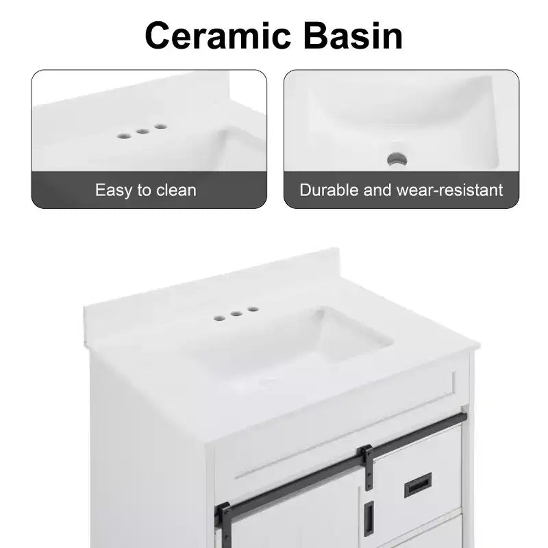 Bestier 30 Tocador de baño blanco estilo rústico con puertas correderas de granero, 2 cajones, tocador independiente con protección contra salpicaduras